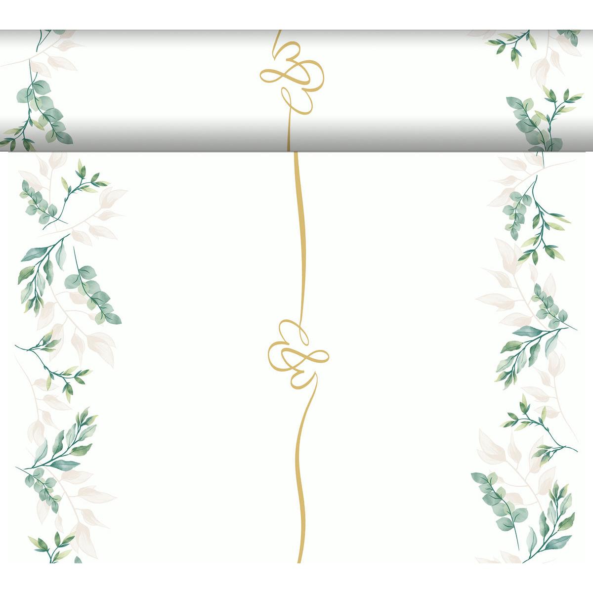 Eine dekorative Bordüre mit grünen und beigen Blattzweigen säumt einen weißen Hintergrund, der mit einem goldenen Wirbel und einem Rollpapier-Effekt versehen ist - ideal für Love Hearts 61079 | Packung (1 Stück) von Duni GmbH.