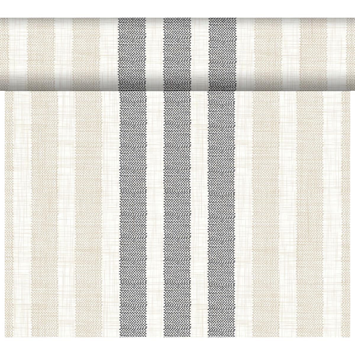 Der Rigato black 61079 von Duni GmbH hat vertikale schwarze, beige und weiße Streifen mit zwei zentralen breiten schwarzen Linien und abwechselnd dünnen beigen und weißen Streifen für einen modernen Look. Packung: 1 Stück.