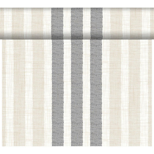 Der Rigato black 61079 von Duni GmbH hat vertikale schwarze, beige und weiße Streifen mit zwei zentralen breiten schwarzen Linien und abwechselnd dünnen beigen und weißen Streifen für einen modernen Look. Packung: 1 Stück.