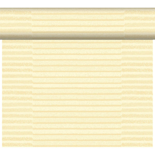 Die Tapete Tessuto creme 61079 der Duni GmbH zeichnet sich durch horizontale, strukturierte Streifen in Beige- und Off-White-Tönen aus, die ein subtiles, sich wiederholendes Muster bilden. Erhältlich als einzelne Rolle (1 Stück) pro Packung.