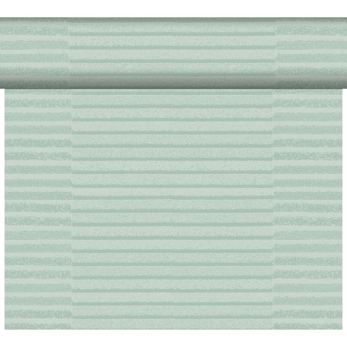 Gezeigt wird die Tapete Tessuto mint 61079 von Duni GmbH - eine Rolle mit subtilen hellgrünen Streifen in unterschiedlicher Dicke und Textur, die an hochwertigen Stoff erinnern. Verkauft als eine Packung (1 Stück).