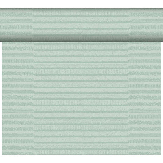 Gezeigt wird die Tapete Tessuto mint 61079 von Duni GmbH - eine Rolle mit subtilen hellgrünen Streifen in unterschiedlicher Dicke und Textur, die an hochwertigen Stoff erinnern. Verkauft als eine Packung (1 Stück).