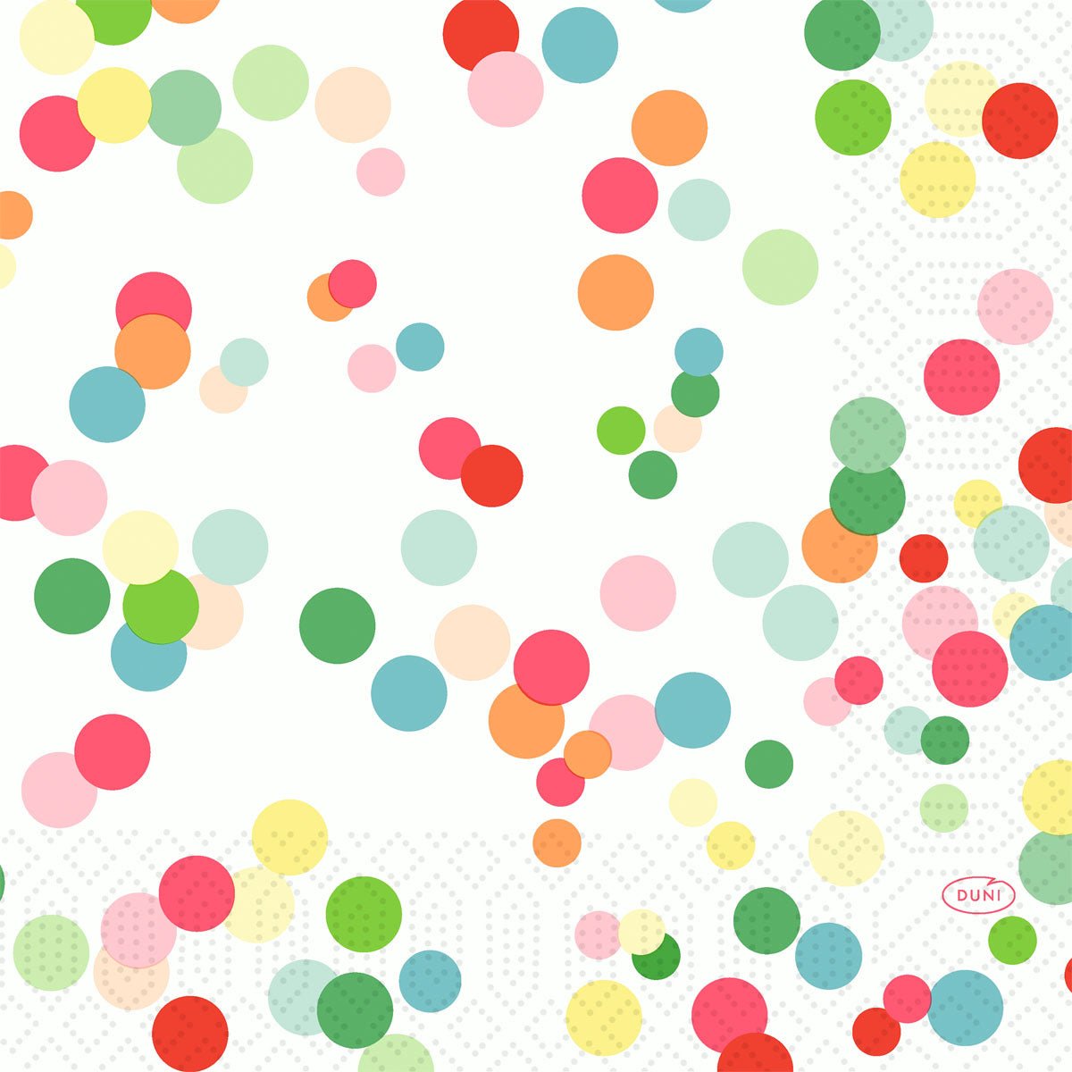 These cellulose napkins 33x33 cm, 3-ply, Happy Bubbles by Duni GmbH feature colorful, overlapping green, red, pink, orange, and yellow dots. On each of the 50 napkin packages, "Duni" is printed in red color and backed with a faint grid.