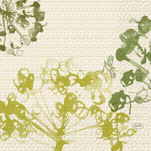 Abstract green and olive green plant-like shapes overlap on a textured beige background with a small "Duni" label, reminiscent of the botanical, graphic look of the Duni GmbH paper napkins 33x33 cm, 3-ply, green, pack of 50 napkins.