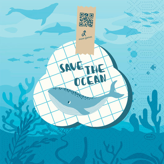 Illustration einer Meeresszene mit Fischen, Algen und einem Blauwal auf einem Gitterschild mit der Aufschrift "Save the Ocean". Die Save the Ocean 51075 Servietten (50er-Pack) der Duni GmbH zeichnen sich durch ihre Öko-Werte aus - sie sind aus recyceltem Papier und umweltfreundlich.
