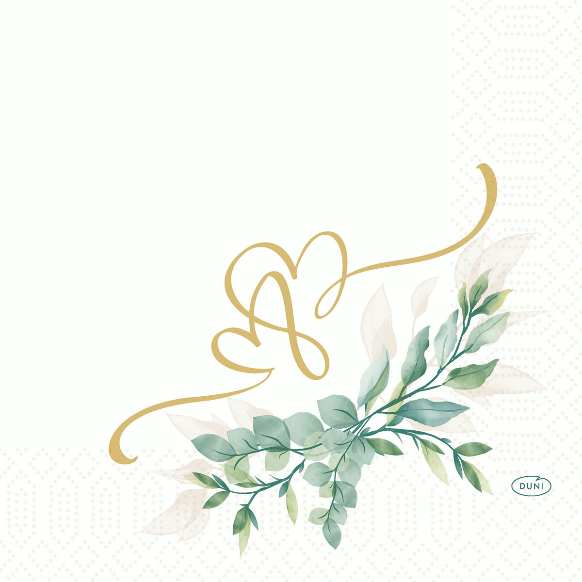 Weißer Hintergrund mit schwachem geometrischem Muster, goldene ineinander verschlungene Herzen in der Mitte, darunter grüne Blätter im Aquarellstil; "Duni" unten rechts. Love Hearts 51075 | Packung (50 Servietten) von Duni GmbH.