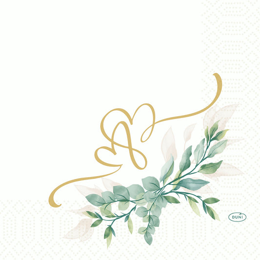 Weißer Hintergrund mit schwachem geometrischem Muster, goldene ineinander verschlungene Herzen in der Mitte, darunter grüne Blätter im Aquarellstil; "Duni" unten rechts. Love Hearts 51075 | Packung (50 Servietten) von Duni GmbH.