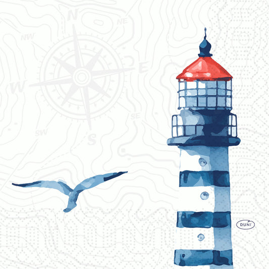 Ein aquarellierter blau-weiß gestreifter Leuchtturm mit rotem Dach und einer fliegenden Möwe vor schwacher Windrose und Kartenlinien - ideal für Duni GmbH Meer Freude 51055 | Packung (250 Servietten) für besondere Anlässe.