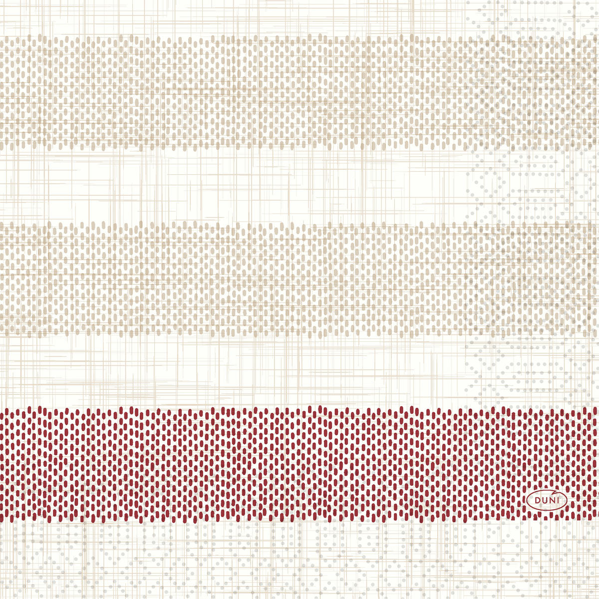 Ein Hintergrund mit drei horizontalen Bändern aus kleinen Punkten - zwei beige, ein sattes rot - reflektiert Rigato bordeaux 51055 von Duni GmbH (250 Servietten). Ein subtiles lineares Gitter überlagert den Hintergrund. Das "DUNI"-Logo erscheint in der unteren rechten Ecke.