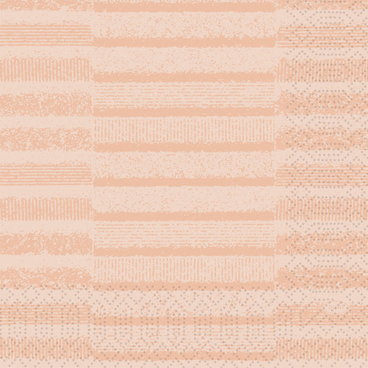 Die Servietten "Tessuto dusty pink 51055" der Duni GmbH zeigen ein abstraktes Muster aus strukturierten Streifen, Punkten und Chevrons in Beige- und Pfirsichtönen - perfekt für elegante Einrichtungen. Jede Packung enthält 250 Servietten.