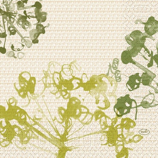Abstrakte grüne Blumenformen zieren die Ecken eines beige gemusterten Hintergrunds, der an die Green Umbles 51055 Papierservietten der Duni GmbH erinnert. Das Design beinhaltet "DUNE" in einem kleinen Oval unten rechts. Die Packung enthält 250 Servietten.