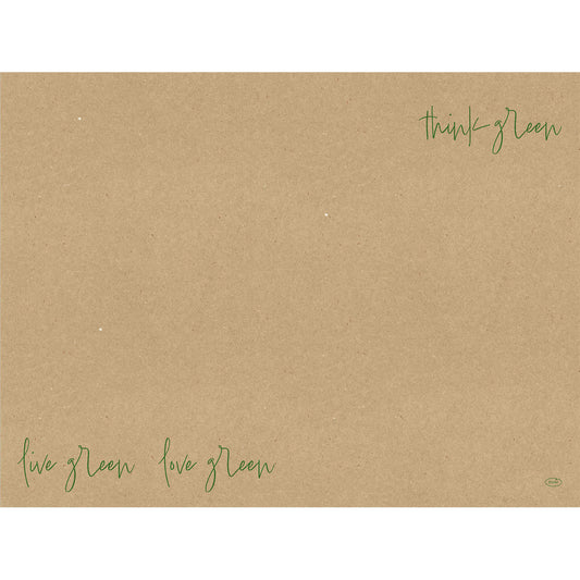 Ein brauner Recyclingpapier-Hintergrund aus der Love Green 57084 Packung (250 Stück) der Duni GmbH ist mit grünem kursivem Text versehen: "think green" oben rechts und "live green love green" unten links.