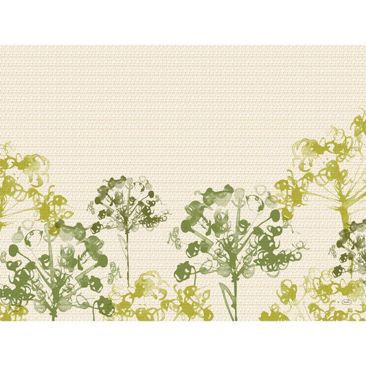 Stilisierte, aquarellartige grüne Bäume, inspiriert von Green Umbles 57084 der Duni GmbH, säumen den Boden eines cremefarbenen Hintergrunds mit einem subtilen geometrischen Muster. Das vielseitige Design (Packung 250 Stück) verfügt über einen leeren oberen Teil für zusätzliche Flexibilität.