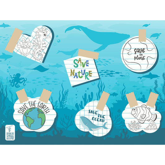 Illustration einer Unterwasserszene mit Walen, Fischen und Meerespflanzen. Auf fünf aufgeklebten Zetteln steht "Rettet die Natur", "Rettet den Planeten", "Rettet die Erde" und der Produktname "Rettet den Ozean 57084 | Packung (250 Stück)" der Duni GmbH, mit skizzierten Tierzeichnungen.