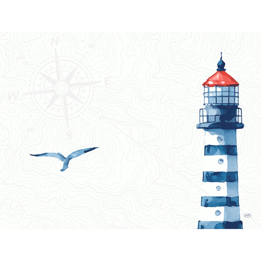 Ein Aquarell eines blau-weiß gestreiften Leuchtturms mit roter Spitze, inspiriert von der Duni GmbH's Meer Freude 57084 | Packung (250 Stück). Eine Möwe fliegt in der Nähe, mit einer schwachen Windrose und topografischen Linien im Hintergrund.