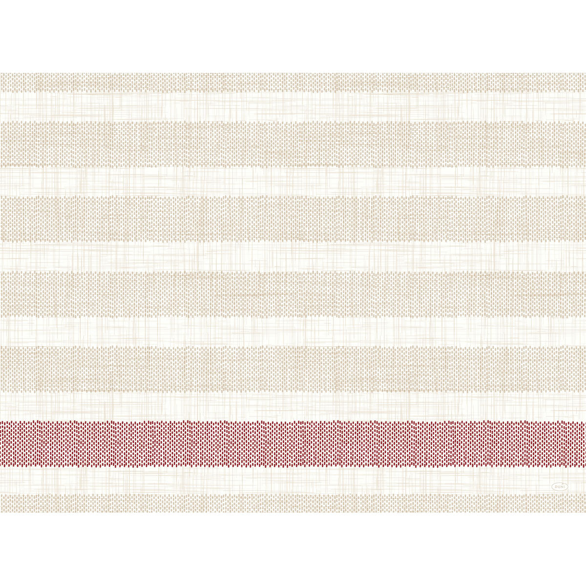 Die Rigato bordeaux 60121 Papierservietten der Duni GmbH zeichnen sich durch horizontale Streifen in Beige und Off-White mit einem kräftigen bordeauxfarbenen Akzent aus und bieten einen stoffähnlichen, eleganten Look - perfekt für anspruchsvolle Einrichtungen. Packung enthält 100 Stück.