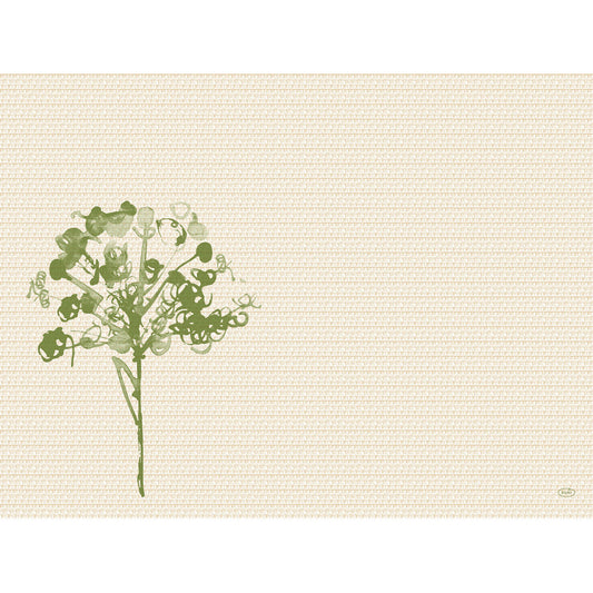 Eine schlichte grüne Blume, inspiriert von den Green Umbles 60121 | Packung (100 Stück) der Duni GmbH, erscheint links auf einem beige gemusterten Hintergrund - ideal für Bürobedarf oder Bastelarbeiten. Der Rest des Hintergrunds bleibt leer.