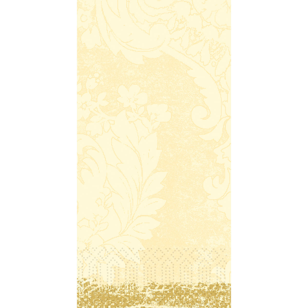 Ein rechteckiges Paneel mit einem blassgelben Blumenmuster auf strukturiertem Hintergrund und einer Goldbordüre entlang des Bodens, das an die elegante Duni GmbH Royal cream 53055 Servietten (Packung, 250 Servietten) erinnert.