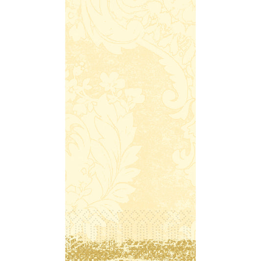 Ein rechteckiges Paneel mit einem blassgelben Blumenmuster auf strukturiertem Hintergrund und einer Goldbordüre entlang des Bodens, das an die elegante Duni GmbH Royal cream 53055 Servietten (Packung, 250 Servietten) erinnert.