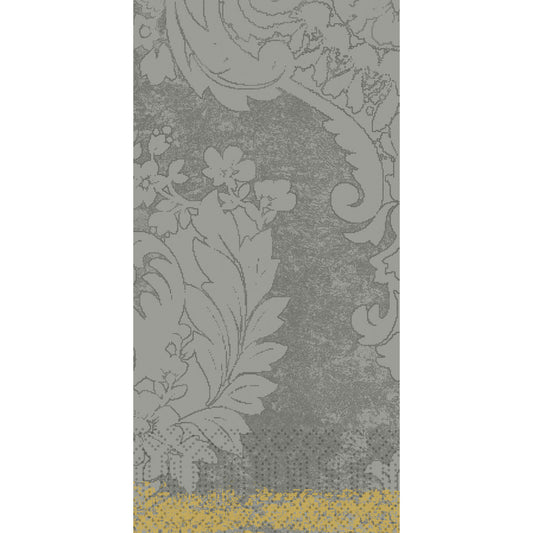 Die Royal granite grey 53055 Servietten von Duni GmbH bieten ein strukturiertes graues Design mit eleganten floralen Mustern und gelben Punktakzenten - ideale hochwertige Papierservietten, erhältlich in einer Packung mit 250 Stück.