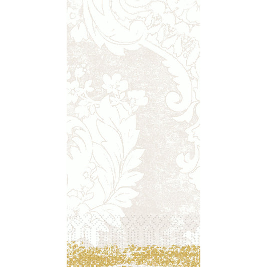 Die Royal white 53055 von Duni GmbH hat einen hellbeigen Hintergrund mit einem zarten weißen Blumen- und Blattmuster, verschnörkelten Wirbeln und einem kontrastierenden goldfarbenen, gepixelten Band entlang des Bodens. Die Packung enthält 250 Servietten.