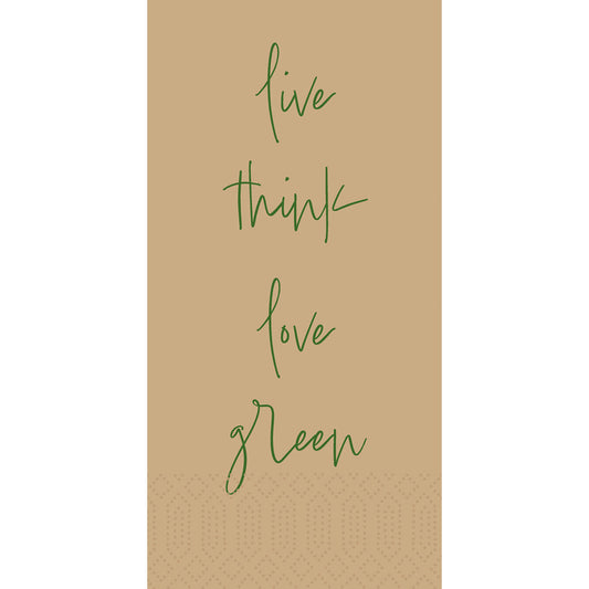 Ein hellbrauner, rechteckiger Hintergrund mit grünem, handgeschriebenem Text "live think love green", der vertikal angeordnet ist, und einem gepunkteten Muster am unteren Rand, das nachhaltige Materialien und einen plastikfreien Lebensstil widerspiegelt. Produkt: Love Green 53055 | Packung (250 Stück) von Duni GmbH.