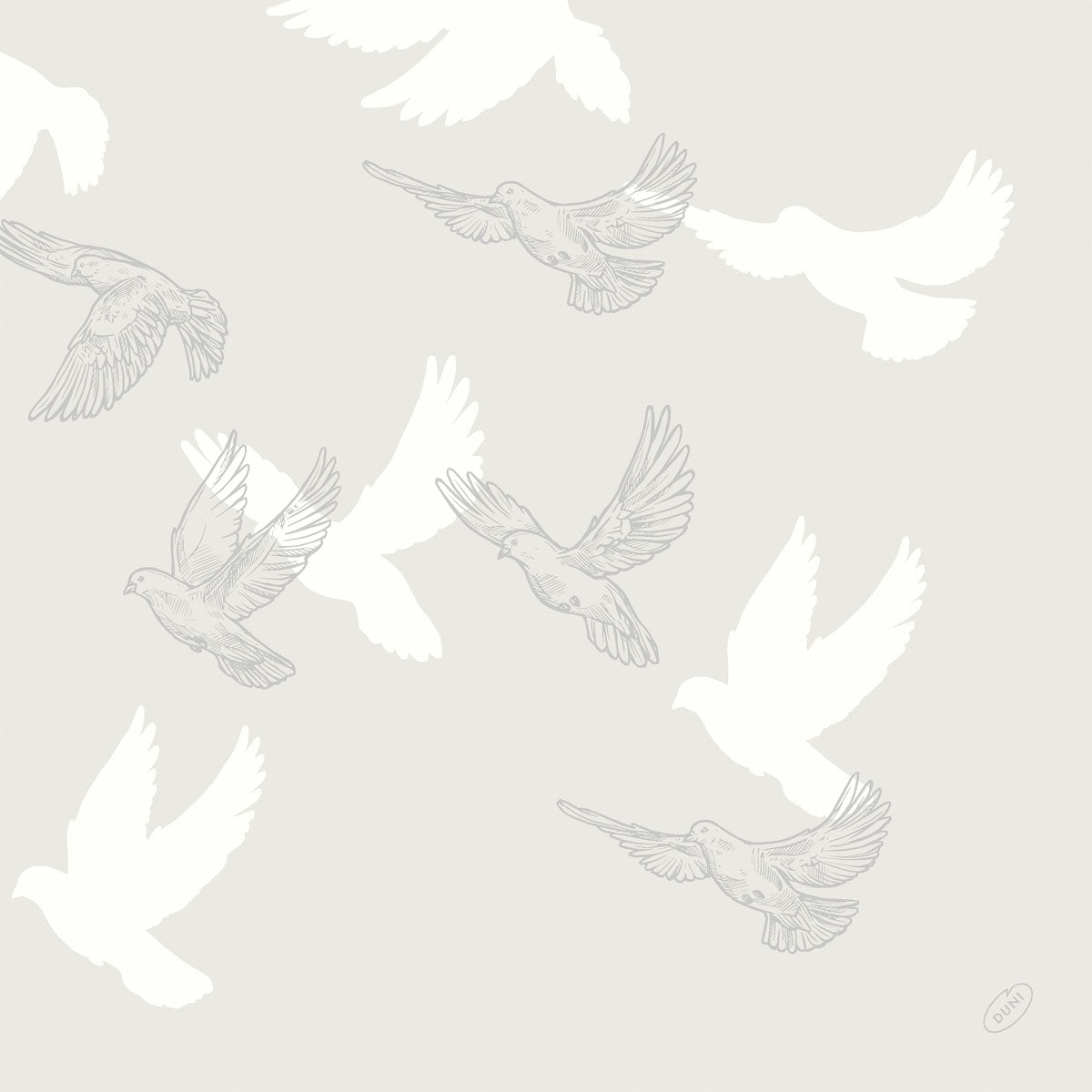 Soft Wings Bio-Dunisoft napkins 40x40 cm by Duni GmbH feature elegant bird motifs on a light gray background. Each pack contains 60 soft paper napkins, ideal for adding a touch of sophistication to any set table.
