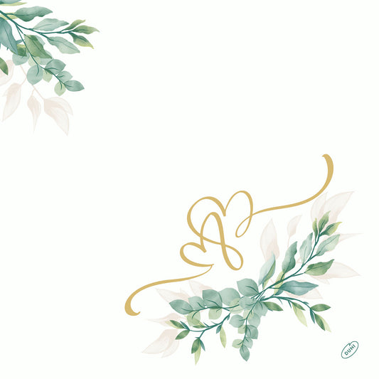 Die Love Hearts 62133 von Duni GmbH zeichnet sich durch ein minimalistisches, reinweißes Design mit aquarellgrünem Laub und einer goldenen Linie aus, die zwei Herzen bildet - perfekt für romantische Anlässe. Die Packung enthält 60 Servietten.