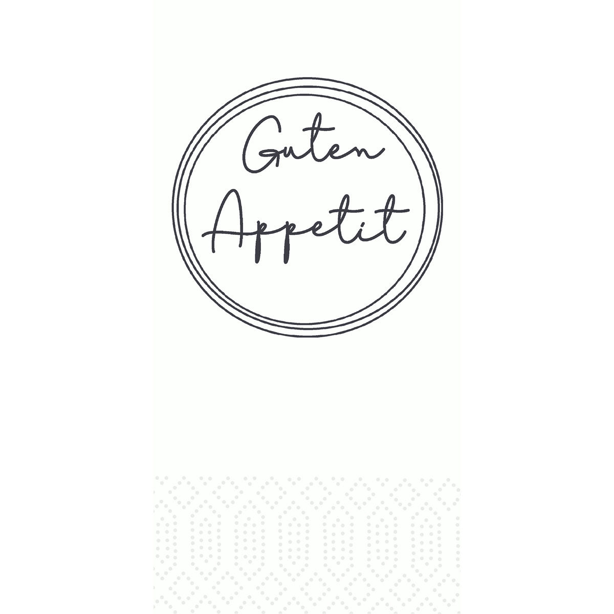 Die weiße Karte "Appetit weiß 51057" der Duni GmbH zeigt einen zweizeiligen Kreis mit der Aufschrift "Guten Appetit", darunter ein schwaches, gepunktetes geometrisches Muster - ideal zur Kombination mit der Packung 300 hochwertiger Servietten.