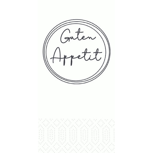 Die weiße Karte "Appetit weiß 51057" der Duni GmbH zeigt einen zweizeiligen Kreis mit der Aufschrift "Guten Appetit", darunter ein schwaches, gepunktetes geometrisches Muster - ideal zur Kombination mit der Packung 300 hochwertiger Servietten.