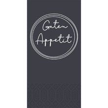 Dunkelgraues, rechteckiges Design mit kreisförmigem Doppelrand und handgeschriebenem "Guten Appetit" in der Mitte, dazu ein dezentes Punktmuster - ideal für Duni GmbH Zellt.-Serv. 33 cm 2lagig 1/8-Falz Appetit schwarz Servietten (Packung: 300 Servietten).