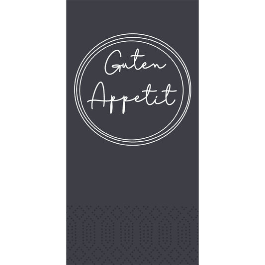Ein dunkelgrauer Hintergrund mit einem weißen kreisförmigen Umriss in der oberen Mitte, handgeschriebenem "Guten Appetit"-Text und einem dezenten Punktmuster darunter - ideal für elegante Servietten wie die Appetit schwarz 51057 Packung (300 Servietten) der Duni GmbH.