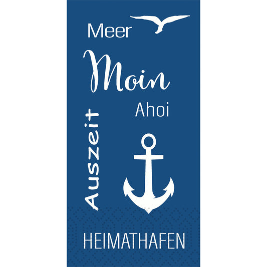 Eine blaue, rechteckige Grafik mit weißem Text und Illustrationen zeigt "Meer Freude 51057 | Packung (300 Servietten)" von Duni GmbH, mit Möwe, Anker und maritimen Worten - ideal für Liebhaber hochwertiger Servietten.