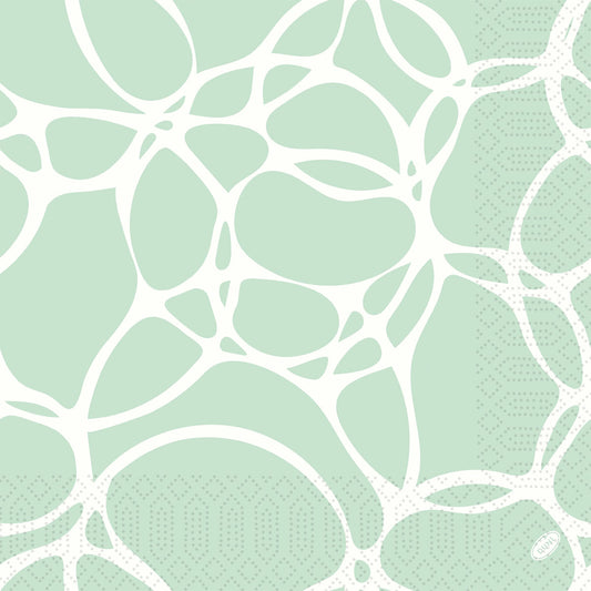 Abstraktes Design mit unregelmäßigen weißen organischen Formen auf hellgrünem Hintergrund und gepunkteten/geometrischen Details. Duni GmbH Serv.40x40 3lg 1/4 Ocean Mint, 250 Servietten pro Packung, Größe 40x40 cm.