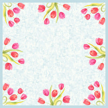 Aquarellierte rosa und rote Tulpen mit grünen Blättern schmücken die Ecken dieser 84x84 cm großen Dunicel Mitteldecke der Duni GmbH. Die Mitte ist einfarbig, ideal für den vielseitigen Einsatz. Die Packung enthält 20 Stück mit gemalten Tulpenmotiven.