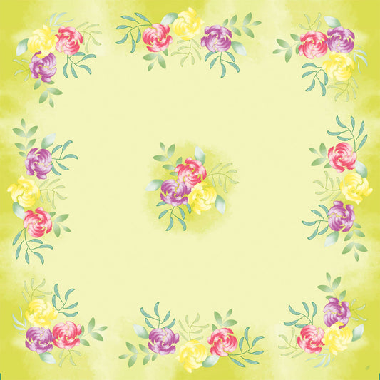 Quadratisches Bild mit hellgelbem Hintergrund mit pastellfarbenen Blumen und grünen Blättern im Aquarellstil - ideal für die Duni GmbH Dunicel-Mitteld. 84x84cm Soft Tropics | Karton (1 Packung) Tischdecke.