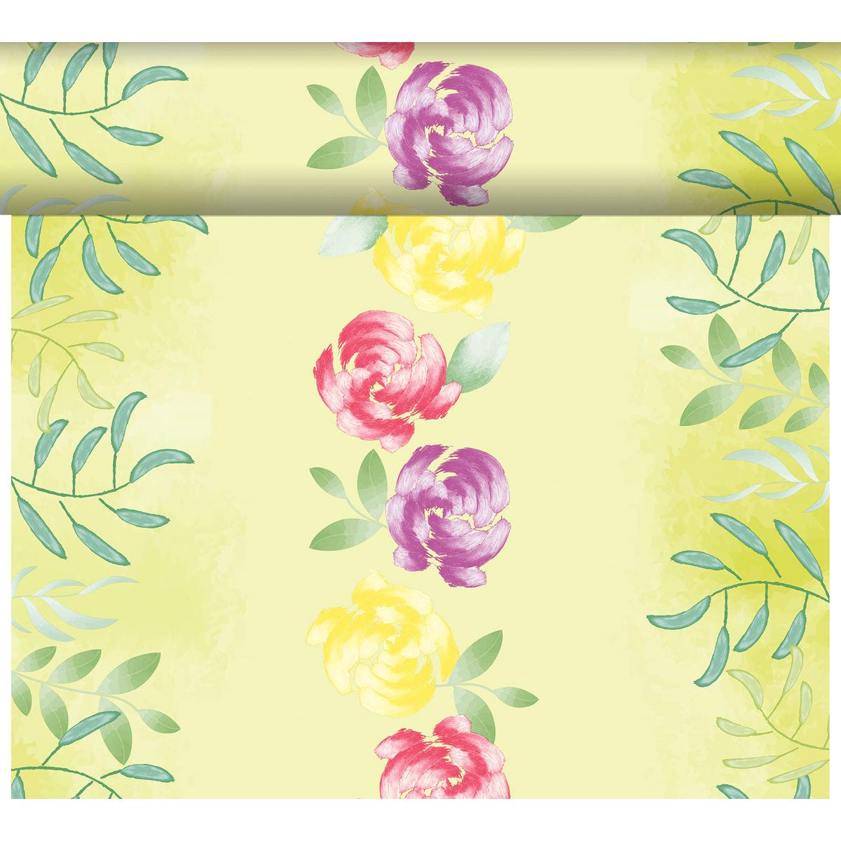 Das DC-Tete a Tete 0,4x24m von Duni GmbH zeigt rosa, gelbe und violette Blumen im Aquarell-Stil auf einem hellgelben Hintergrund mit grünen Zweigen und bringt modernes Design in Ihren Raum - wie eine Gartengarnitur für Ihre Wände.