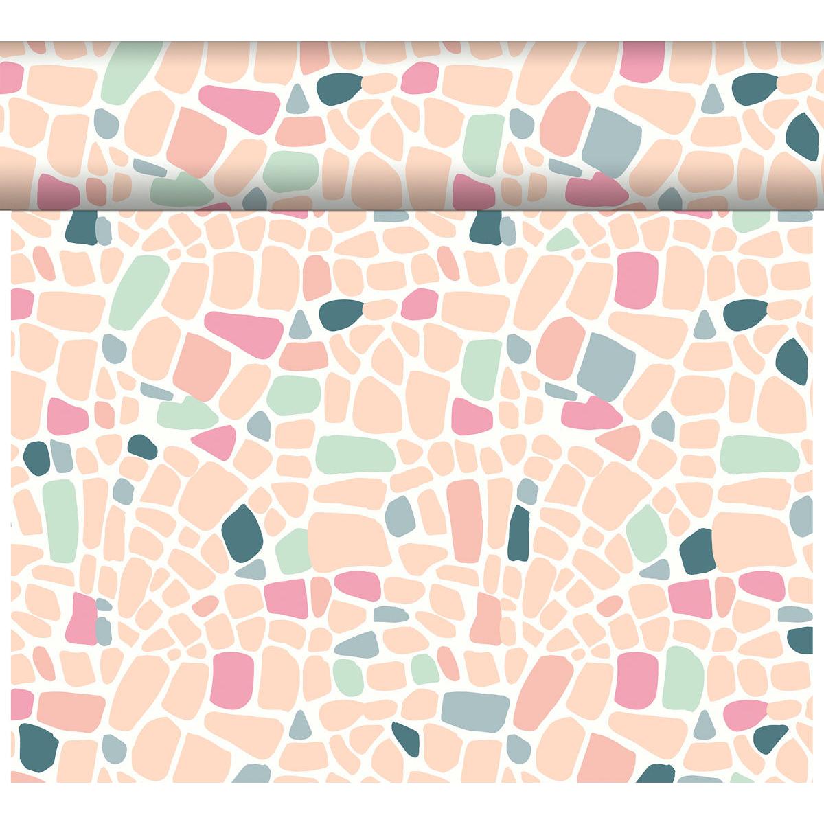Eine Rolle DC-Tete a Tete 0,4x24m von Duni GmbH zeigt ein wetterbeständiges, modernes abstraktes Mosaikmuster in Pastellrosa, Pfirsich, Teal, Mintgrün und Creme mit weißen Rändern und unregelmäßigen Formen.