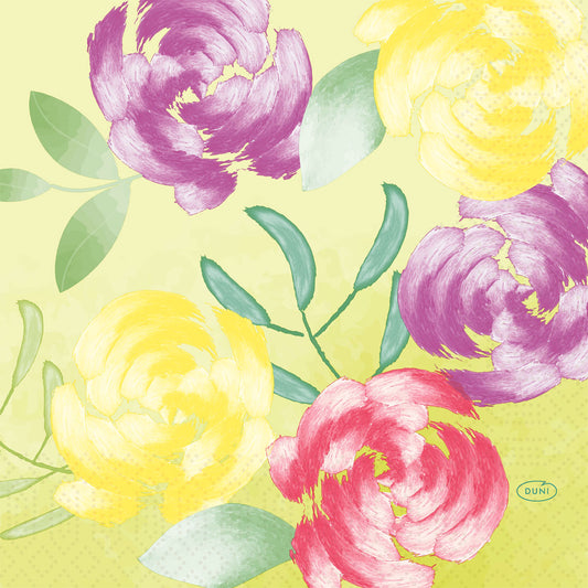 Fünf große, strukturierte Blumen in Lila, Gelb und Rosa mit grünen Blättern zieren diese Serv.33x33 3lg 1/4 Soft Tropics Servietten (250 Stück) der Duni GmbH. Der hellgelbe Hintergrund und die gemalten Pinselstriche sorgen für ein tropisches Flair.