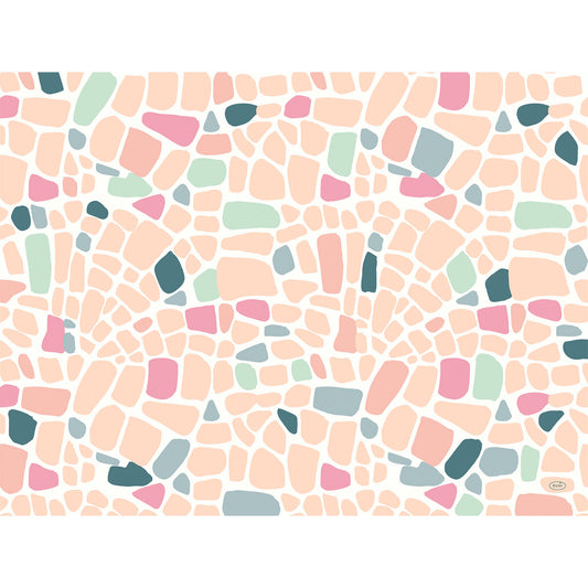 Die Duni GmbH Papier-Tischsets 30x40cm Ocean Pebbles Packung (250 Stück) zeigen ein abstraktes pastellfarbenes Kieseldesign in Pink, Pfirsich, Mintgrün, Blau und Teal auf Weiß.
