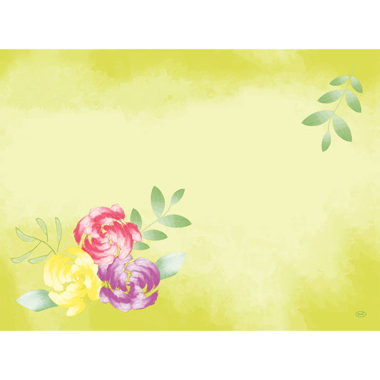 Ein gelb-grüner Hintergrund mit rosa, lila und gelben Aquarellblüten und grünen Blättern bildet ein tropisches Design, ideal für biologisch abbaubare Servietten wie die Bio-Dunicel-Sets 30x40 Soft Tropics 100P. von Duni GmbH.