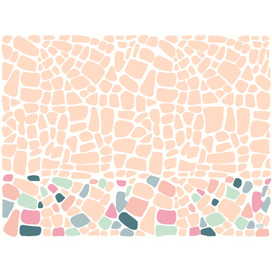Die Bio-Dunicel-Sets 30x40 Ocean Pebbles der Duni GmbH bestehen aus unregelmäßigen, kieselsteinförmigen Blöcken in hellem Pfirsich mit einer Ansammlung von bunten rosa, blauen und grünen Blöcken, die sich in der unteren linken Ecke konzentrieren. Die Packung enthält 100 Stück.