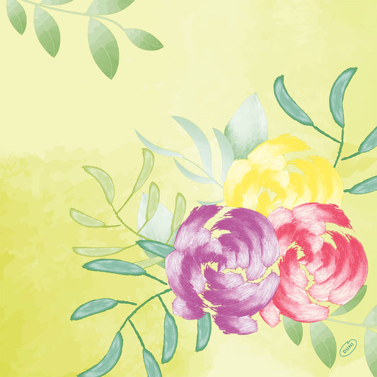 Eine Illustration im Aquarell-Stil mit gelben, lila und rosa Blumen mit grünen Blättern auf einem hellen gelb-grünen Hintergrund, perfekt für den Bio-Dunisoft-Serv. 40x40cm von Duni GmbH.