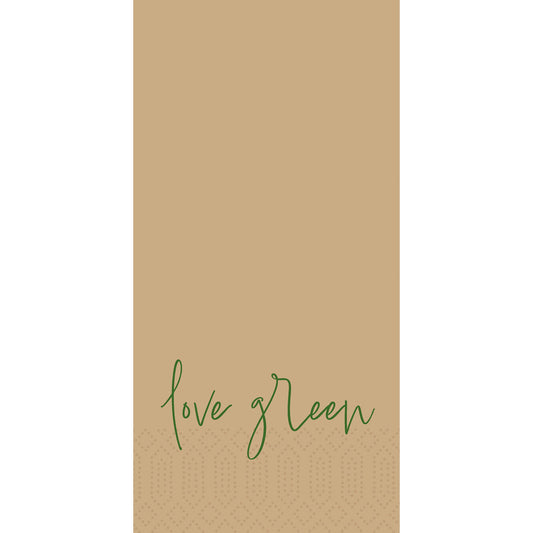 Der hellbraune Hintergrund ist am unteren Rand mit einem dezenten Punktmuster versehen. Der Schriftzug "love green" in grüner Schreibschrift in der Mitte des Bodens verleiht der Love Green 53057 | Packung (300 Stück) von Duni GmbH eine charmante Note - ideal für nachhaltiges Partygeschirr.
