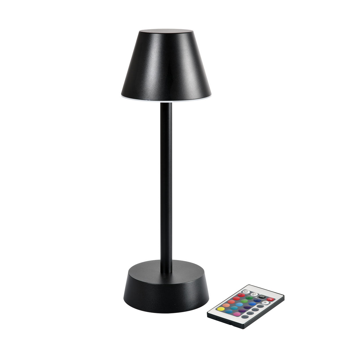 Die Zelda Tischleuchte von Duni GmbH (33 cm x Ø 10,9 cm, graphit 66141) steht neben einer mehrfarbigen Fernbedienung - ideal als modernes Design-Accessoire und perfekt für stilvolle Wohnzimmerdekoration.