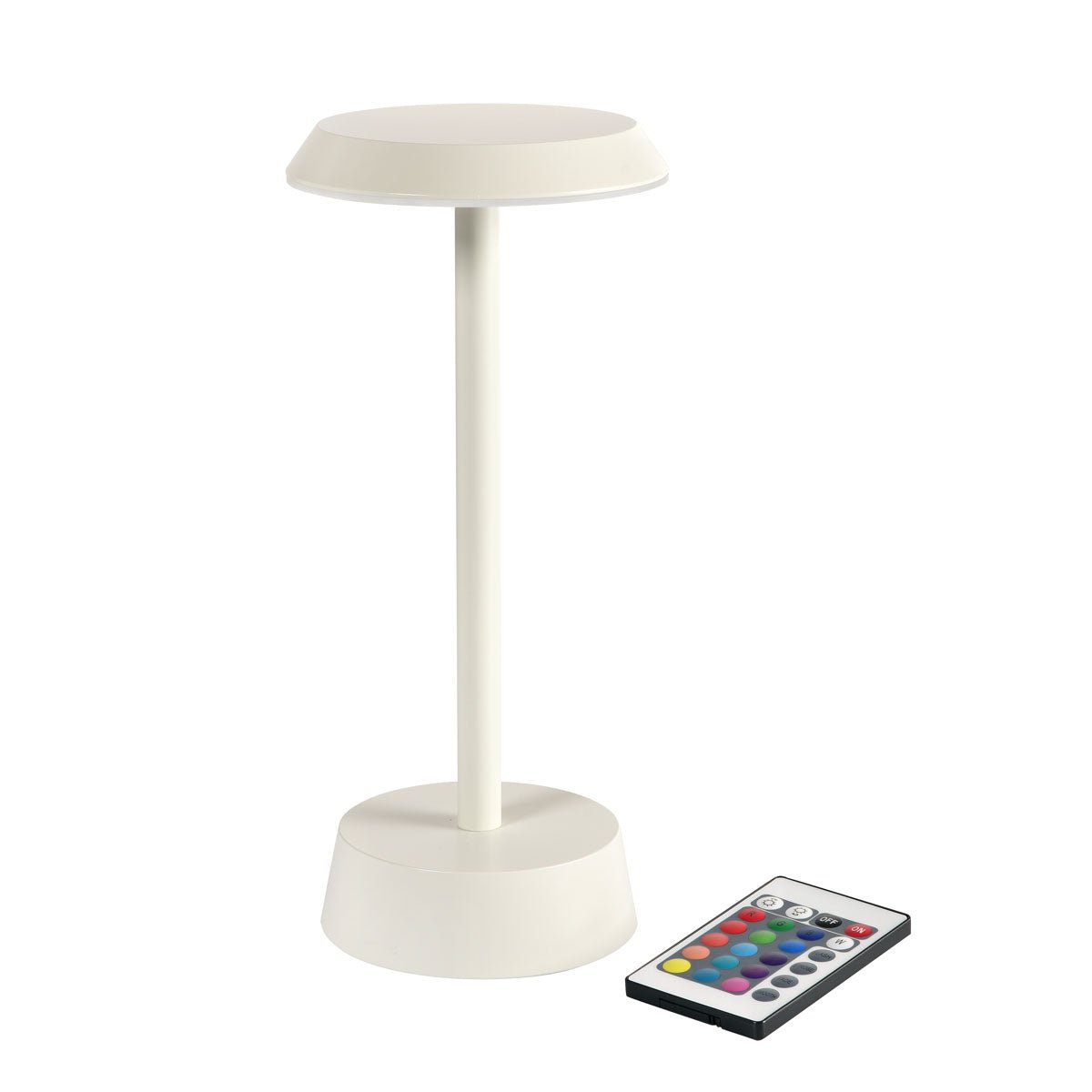 The NOUR Wireless LED Lamp in sand color by Duni GmbH is a modern table lamp with a round base and flat surface - elegant decor for your home, including a remote control with several colorful buttons.