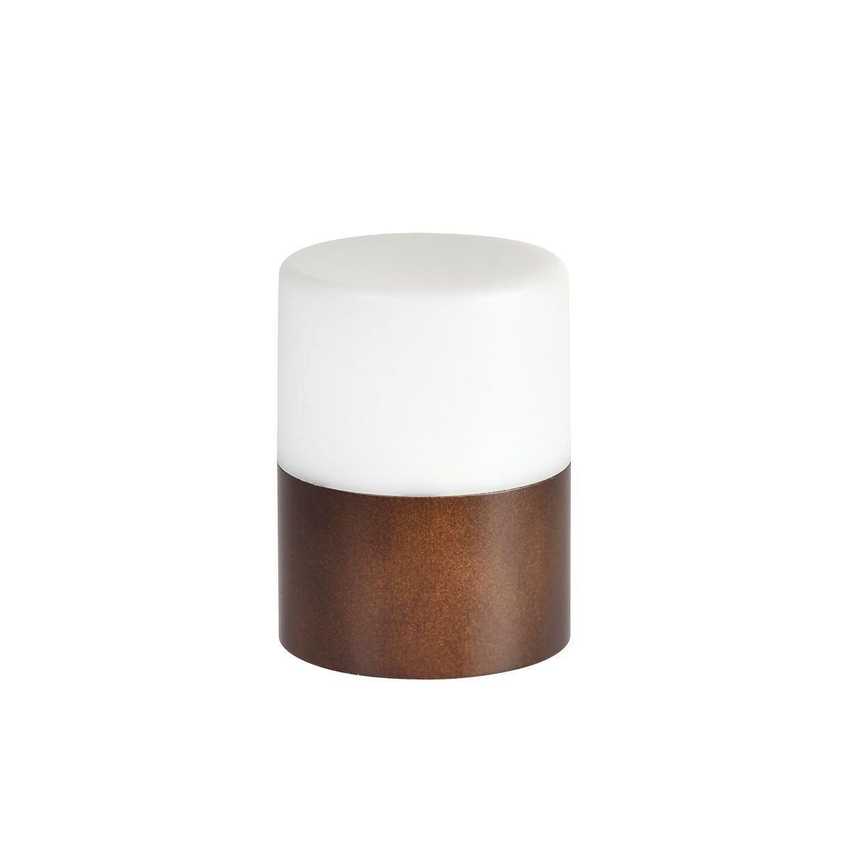 The Duni GmbH LED candle holder made of walnut (5x7.5 cm) is characterized by its minimalist cylindrical design with a white top and walnut-colored bottom and is perfect as a decorative object that emits bright light. Pictured on a simple white background. Package: 1 piece.