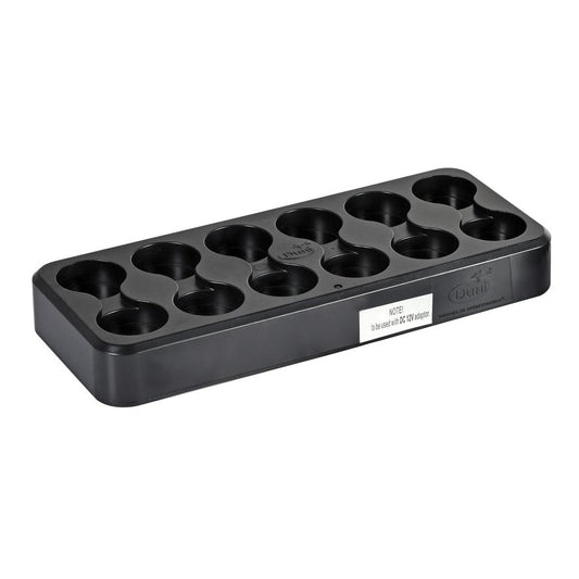 Ein schwarzes Kunststofftablett mit zehn runden Fächern in zwei Fünferreihen der Duni GmbH zum Ordnen von zylindrischen Gegenständen auf der Ersatz LED-Ladestation für 12 66141 (Karton, 1 Stück), abgebildet auf weißem Hintergrund.