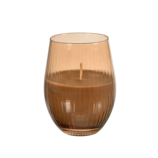 Die mocca 66162 von Duni GmbH ist eine braune Kerze in einem gerippten, durchscheinenden Glas mit einem Docht, ideal für gemütliche Räume und stilvolle Aufbewahrung. Abgebildet in Packung (1 Stück) vor einem schlichten weißen Hintergrund.