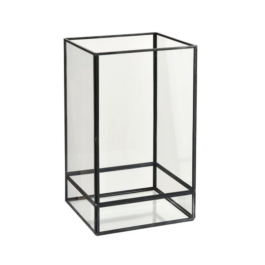 The Capella Lantern Glass, black by Duni GmbH is a rectangular glass lantern with a black metal frame, standing upright on a white background. The clear sides and base make it ideal for stylish lighting in any room.